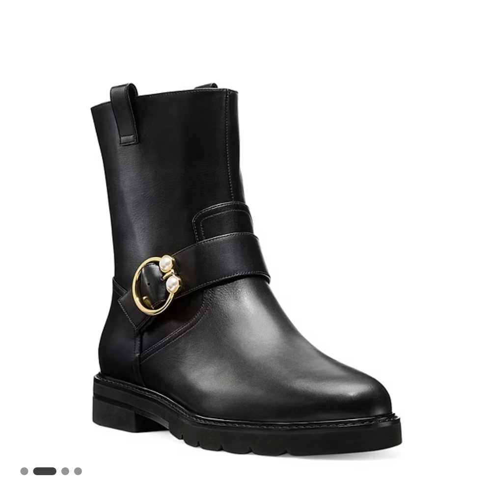 Stuart Weitzman Black Leather Boots with Pearl Buckle